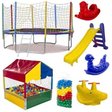 Imagem de Kit Pula Pula 3,05m, Piscina de Bolinhas 1m, 500 Bolinhas, Escorrega Médio, 2 Gangorras 1 Lugar, 1 Gangorra 2 Lugares, Aço Galvanizado, para Crianças 1 a 10 Anos