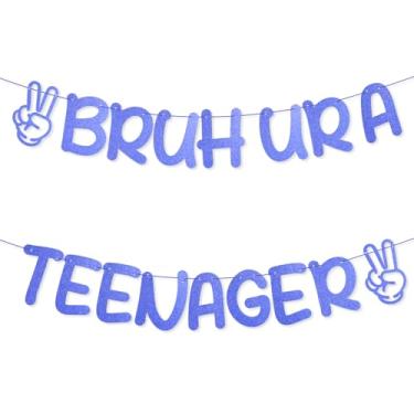 Imagem de Banner Bruh Ur a Teenager, Papelão Pré-Montado 13 Anos Aniversário Menino Brilhante Festa de Adolescente Decoração para Menino ou Menina 13 Anos Festa de Aniversário (Azul)