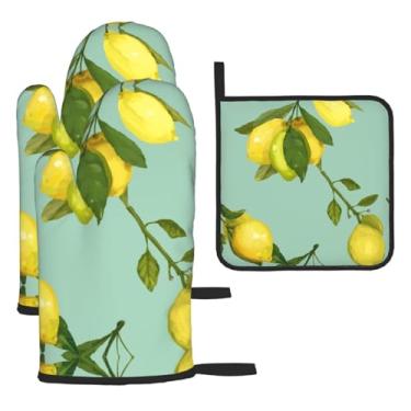 Imagem de Lemon – Conjunto essencial de cozinha com 3 peças, luvas seguras para calor e aderência de tampa, proteção para churrasco no forno, design de armazenamento suspenso.