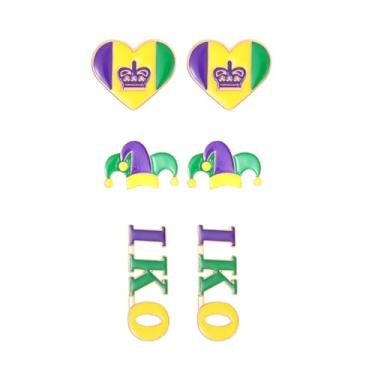 Imagem de coadipress 3-6 pares de brincos de carnaval, moderno, roxo, verde, amarelo, coroa, máscara, coração, glitter, carnaval, festa de carnaval, joias de férias, Small, Liga de aço, Sem pedra preciosa