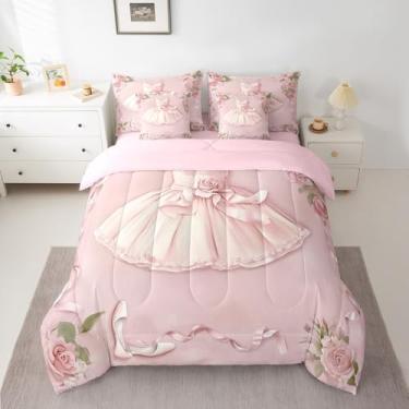 Imagem de Manfei Conjunto de cama com vestido de balé, 7 peças, King, feminino, princesa, rosa, flores românticas, com 1 edredom, 2 fronhas, 2 fronhas, 1 lençol de cima, 1 lençol com elástico