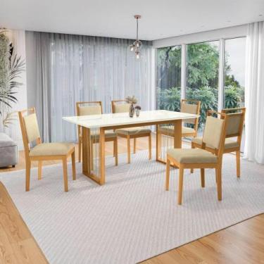 Imagem de Conjunto Sala De Jantar Lina Em Madeira Maciça 6 Cadeiras Boucle Bege 