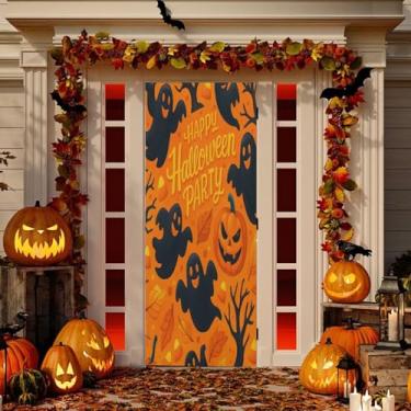 Imagem de Wassud Decoração de capa de porta com tema de festa de Dia das Bruxas, faixa interna para área externa, decoração de casa de varanda, grande decoração de porta da frente 96 x 98 polegadas