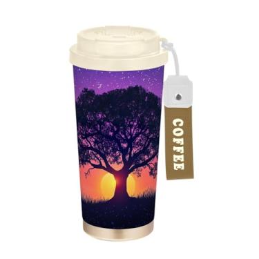 Imagem de YETTASBIN Caneca de café de viagem com isolamento térmico Galaxy Tree de 500 ml com tampa canudo, copo à prova de derramamento e vazamento com alça para bebida quente e fria, garrafa de água de aço