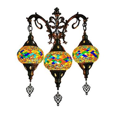 Imagem de Luminária de parede marroquina de 3 braços, aplique de parede turco em mosaico, luminária de cabeceira tradicional feita à mão para sala de estar, quarto, corredor, varanda, café ou bar.