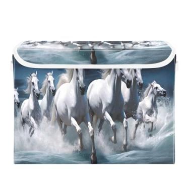 Imagem de xigua Cestos de armazenamento de cavalo branco com tampas e alça de transporte, caixas de armazenamento dobráveis, recipientes organizadores, cestos, cubo com capa para casa, quarto, armário