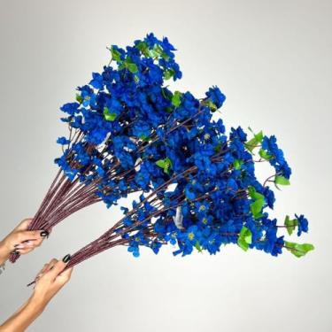 Imagem de Kit Buquês de Flores de Cerejeira e Pessegueiro Artificial 65CM Decoração Oriental Casa Festa Evento(10,Azul escuro)