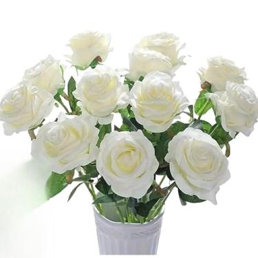 Imagem de 10 Rosas Brancas Artificiais Aveludadas 50cm, Hastes Individuais para Arranjos, Buquês e Decoração de Casamentos e Festas