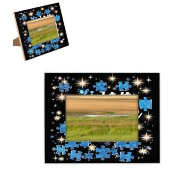 Imagem de hongjinglin Porta-retrato de 10 x 15 cm, moldura azul de madeira com palavra autismo, com tapete para parede e mesa, para decoração de casa e amigos da família, ideias de presente de casamento