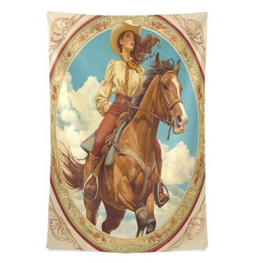 Imagem de STAYTOP Tapeçaria linda vaqueira montando um cavalo tapeçarias para decoração de casa decoração de dormitório sala de estar quarto tapete de parede (90 × 60 pol)
