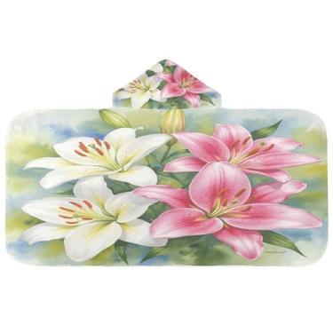 Imagem de Burbuja Toalha de banho com capuz Lily Flower para crianças, toalha de praia de pelúcia macia absorvente para chá de meninas e meninos 3-10 anos, 61 x 127 cm