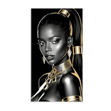 Imagem de Arte de parede em tela de mulher afro-americana preta dourada imagem de parede de menina negra pintura moderna sala de estar quarto decoração de casa 50 x 85 cm (20 x 33 pol) pôster