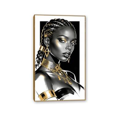 Imagem de SDYJ6GSW Arte de parede em tela feminina preta e dourada imagem de menina negra pintura afro-americana impressões de retrato arte abstrata para sala de estar quarto escritório decoração de parede 30 x