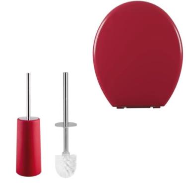 Imagem de Assento Vaso Sanitário Oval Almofadado Vermelho + Escova Sanitária Com Suporte Vermelho Base Redonda