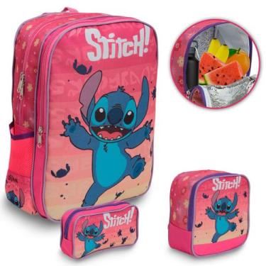 Imagem de Kit Mochila Stitch Costas Lancheira Estojo Menina Reforçada - Plike