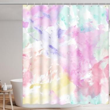 Imagem de Cortina de chuveiro com padrões abstratos coloridos, cortina de chuveiro estética moderna em aquarela, acessórios de decoração de banheiro à prova d'água com 12 ganchos, cortina divisória de banheira