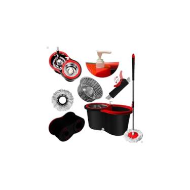 Imagem de Mop Giratório 360º com Balde Duplo, Haste Ajustável em Aço Inox, Refil Microfibra, 8 Litros, Cinza e Azul, 130cm