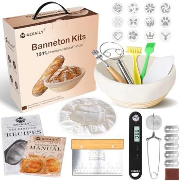 Imagem de Qeeaily Kit de cesta à prova de pão banneton com termômetro de alimentos, cesta de banneton redonda de vime natural de 23 cm, suprimentos para assar pão de massa fermentada com ferramenta de pontuação