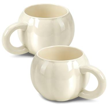 Imagem de VICSKY 2 canecas de café de abóbora - xícara de café grande de 500 ml com alça, copos 3D em formato de abóbora de Halloween para chá/latte/bebidas frias/cacau quente e bolo, pode ser lavado na