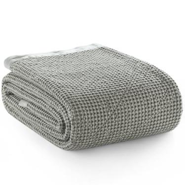 Imagem de PHF Cobertor waffle 100% algodão lavado com pedra, textura colmeia profunda vintage, cobertor térmico respirável para decoração de cama e casa, camadas para todas as estações - King, cinza fosco