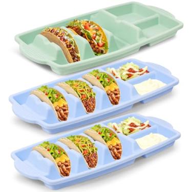 Imagem de DJAPWPX Conjunto de suporte de placa de taco de silicone de 3 peças, placa de taco reutilizável com 3 divisórias e 2 tigelas de mergulho, seguro para micro-ondas e lava-louças, resistente