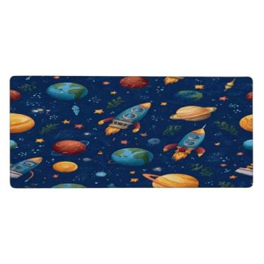 Imagem de Tapete de mouse grande planeta azul foguete impermeável computador estendido tapete protetor de mesa tapete antiderrapante base de borracha para escritório, computador, teclado, laptop e mesa de casa
