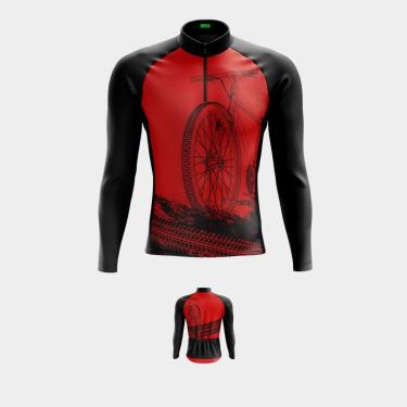 Imagem de Camisa de Ciclismo Masculina Bike Roda Vermelha Manga Longa com Zíper Camiseta Bike PRO-Masculino