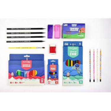 Imagem de Kit Escolar Infantil Material Escolar Item Papelaria Barata - 43 Itens (MENINAS)