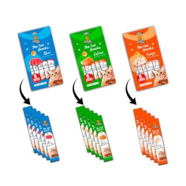 Imagem de Kit15 Mix Petisco Snack Cremoso MeguisPet p/Gatos Sabor 1Frango +1Atum +1Salmao= 3 Pacotes Total 225g