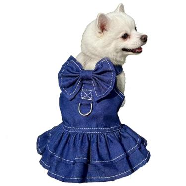 Imagem de Qiansail Vestidos jeans para cães, saia para cachorro de verão com anel de coleira e lindo nó de laço roupas para meninas animais de estimação roupas femininas para filhotes e gatinhos (P)
