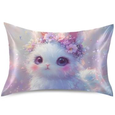 Imagem de Kawaii Bunny Capa de almofada de cetim fofa almofada refrescante arte colorida padrão Queen King capa de travesseiro sonolento, tamanho Queen, 76 cm x 50 cm