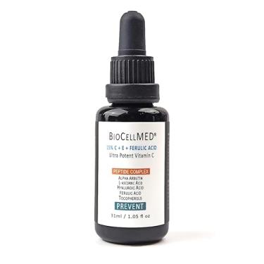 Imagem de BIOCELLMED Sérum facial de vitamina C com 15% Ce e éster ferúlico C alfa arbutina e ácido hialurônico da molécula, ultrabajo translúcido