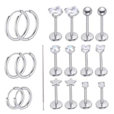 Imagem de 9 pares de brincos de pino de costas planas, brincos de cartilagem de aço inoxidável 20G para mulheres, brincos anti-sensíveis e sem fio com costas planas para piercings do tragus Auricle Ear
