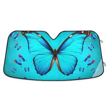 Imagem de Guarda-sol de carro personalizado em forma de borboletas azuis para para-brisa dobrável animal capa de para-brisa automotiva protetor solar retrátil M, 139,7 cm x 70,1 cm