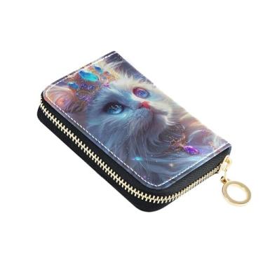 Imagem de Carteira feminina com coroa de rainha de gato branco, pequeno e fofo, porta-cartões com bloqueio de RFID, carteira de moedas de couro com zíper