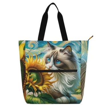 Imagem de GAIGEO Ragdoll Bolsa feminina com girassol para trabalho, lona, praia, livros, bolsa com zíper, professores, amantes de livros