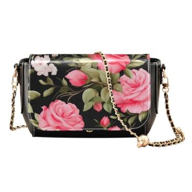 Imagem de Bolsa transversal floral laranja e amarela em couro bege com aba, bolsas de ombro femininas tamanho médio, Rosas e folhas rosas florais em preto-2, One Size