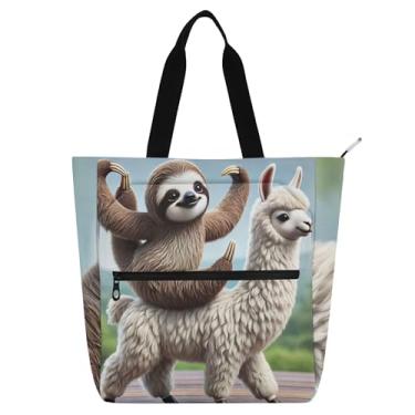 Imagem de Bolsa feminina divertida de preguiça e lhama para trabalho, lona, praia, livro, com zíper, bolsas mensageiro, presente para amantes de livros