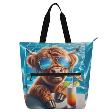 Imagem de Linda bolsa de trabalho de praia de vaca Highland para mulheres, bolsas de lona para faculdade, escola, senhoras, crianças, livros, presentes