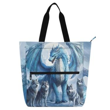 Imagem de GAIGEO Bolsa de trabalho feminina com estampa de animal de dragão lobo, bolsa de tecido de lona, faculdade, escola, professores, bolsa com compartimentos