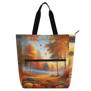 Imagem de GAIGEO Sacola feminina com folhas de bordo de árvore de outono para trabalho e praia com zíper, bolsas reutilizáveis com compartimentos