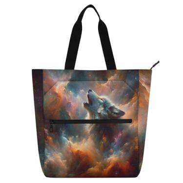Imagem de Bolsa de trabalho feminina com estampa de lobo espacial uivando, lona, praia, livros, zíper, bolsas médias, presentes para amantes de livros