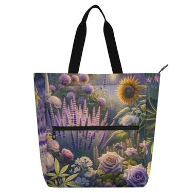 Imagem de Bolsa feminina lavanda peônia rosas de cânhamo para trabalho de lona para livro de praia com zíper bolsas de tecido presente para amantes de livros