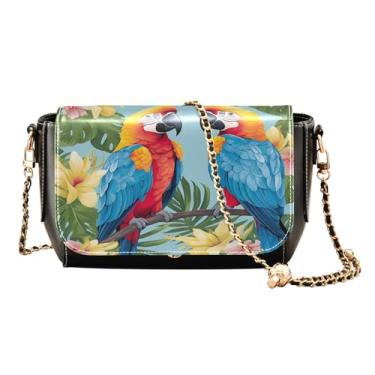 Imagem de GAIGEO Bolsa transversal feminina de couro tropical Leves, bolsa tiracolo de couro leve, bolsas transversais para mulheres, média, Macaws Sitting on Tropical Flower Leaf-2, One Size