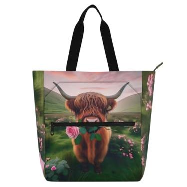Imagem de GAIGEO Highland Cattle Valentine Rose Cow Bolsas femininas para trabalho lona praia livro bolsa zíper crianças lindas bolsas amantes de livros