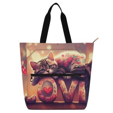 Imagem de GAIGEO Sacola feminina colorida e peculiar fofa de gato LOVE para trabalho de lona com zíper bolsa de praia bolsas médias amantes de livros