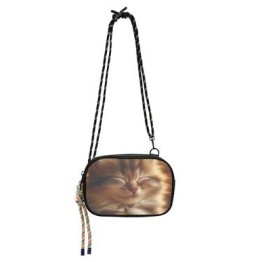 Imagem de TSENQUE Bolsa feminina bolsa transversal pequena gatinho fofo gato dormindo carteira para telefone bolsa leve para viagem sobre o ombro bolsas