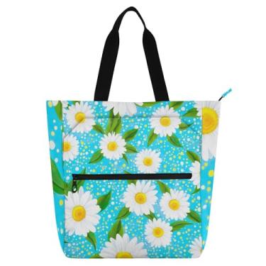 Imagem de GAIGEO Margaridas Brancas Verde Claro Azul Claro Bolsa Tote para Mulheres com Zíper Impermeável Reutilizável Lona Escolar Bolsa de Professor