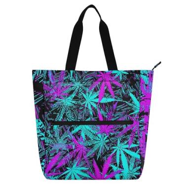 Imagem de GAIGEO Bolsa feminina com folhas de cannabis, azul, roxa, preta, bolsa de trabalho de lona, bolsa escolar universitária, bolsa feminina infantil com compartimentos