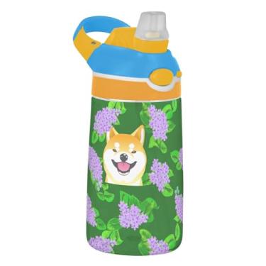 Imagem de Garrafa de água esportiva infantil Tritan de 473 ml com tampa de palha, garrafa de água à prova de vazamento, para escola, portátil, copo infantil de 473 ml, alça de transporte, cães fofos flores